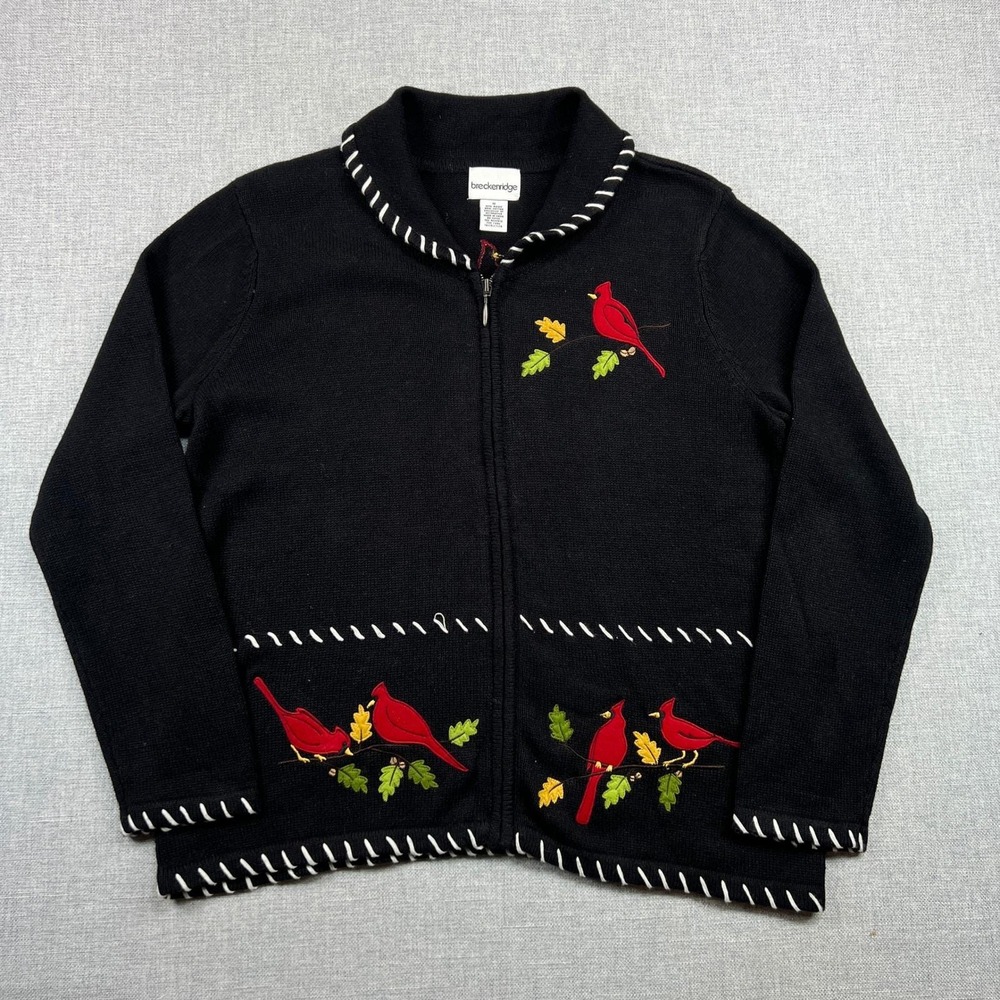 VTG 90s Breckenridge Cardinal Bird Cardigan Sweater Women M Black Cottagecore